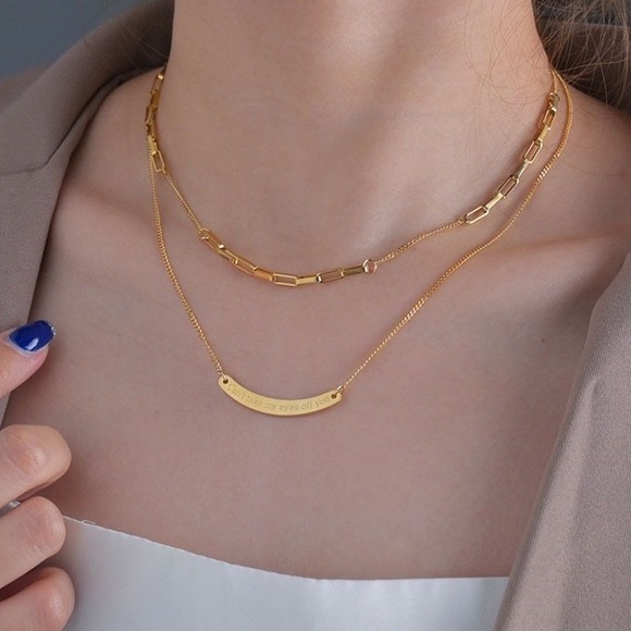 18K Gold Dainty layered necklace Curved Bar Engraved Can’t take my eyes off you. - Picture 2 of 13